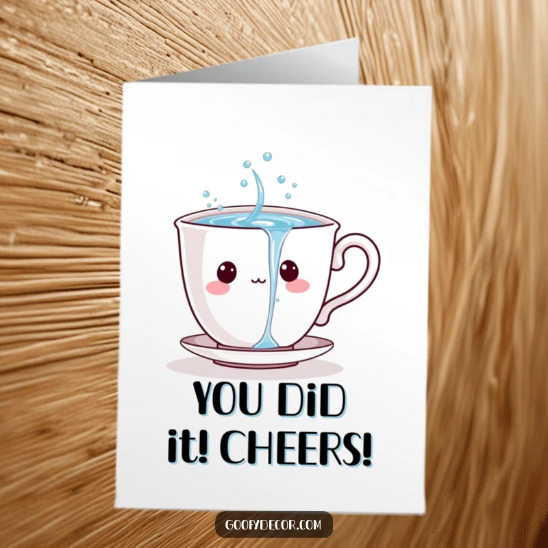 Funny Free Printable Teacup Congratulations Card: A playful teacup generously pouring sparkling water to celebrate a big win.