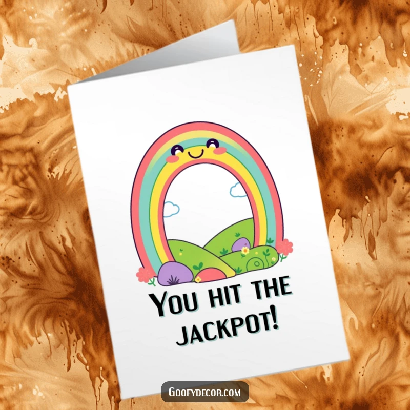 Cheerful Free Printable Congratulations Card: A smiling rainbow character arches over a joyful landscape to celebrate.