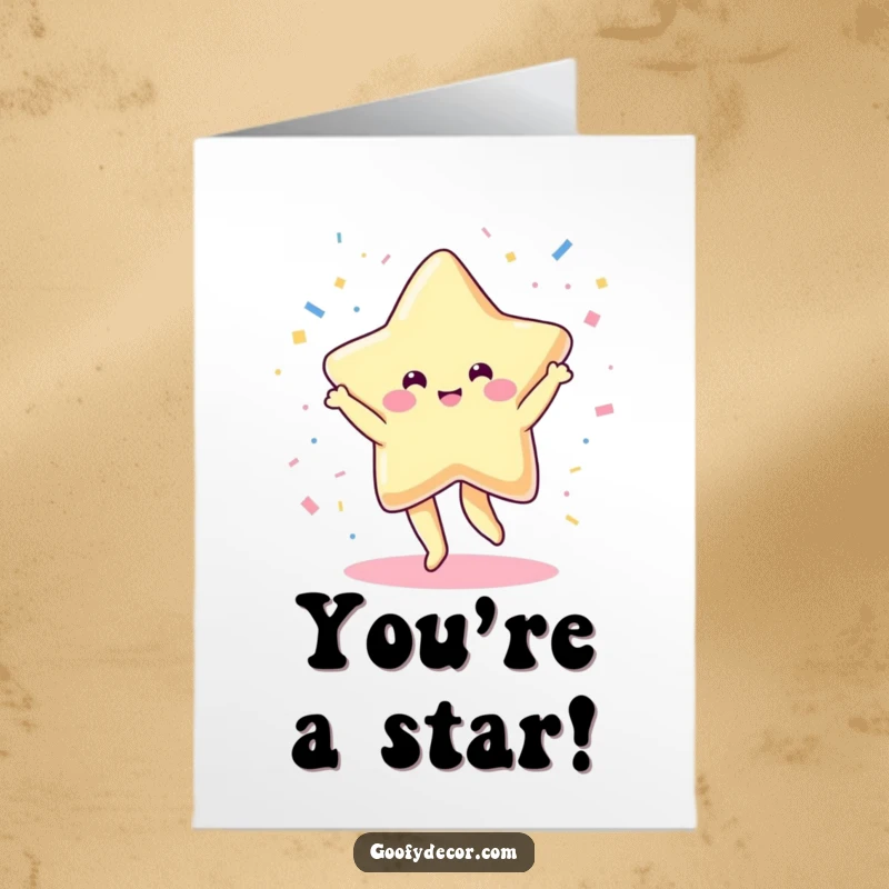 Free Printable Congratulations Card: A happy kawaii star dances energetically, twirling through a delightful cascade of confetti.