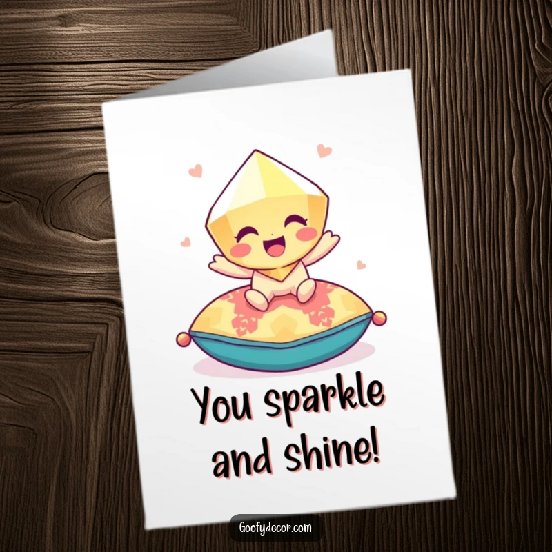 Funny Free Printable Congrats Card: Giggling gem character playfully bouncing on a colorful cushion, radiating happiness.