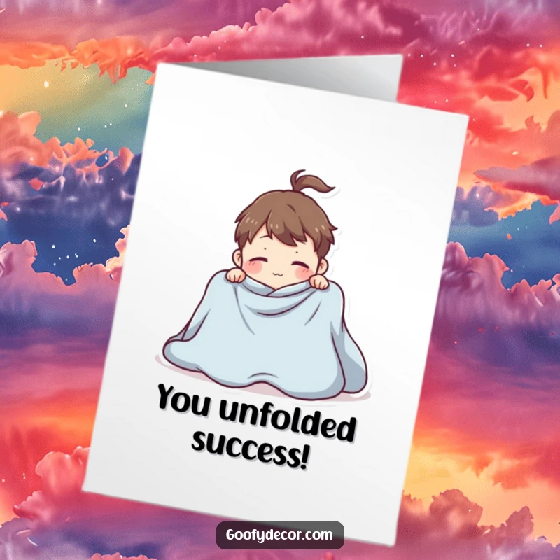 Funny Free Printable Congratulations Card: Character triumphing over a giant blanket, a quirky DIY gift.