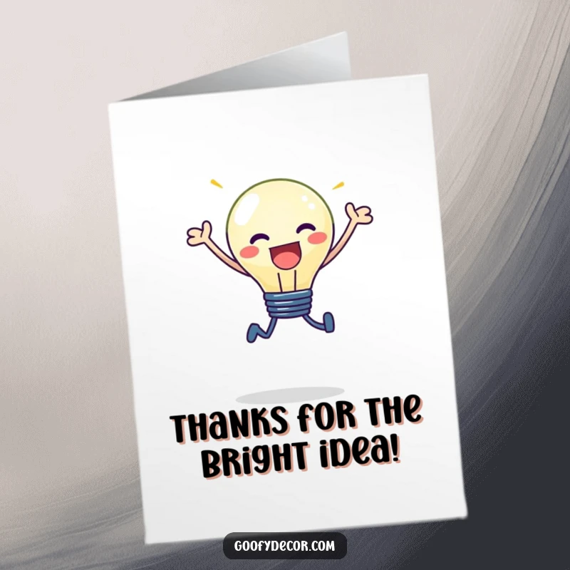 Funny Free Printable Thank You Card: A kawaii lightbulb character leaps with joy, sharing its bright light as thanks.