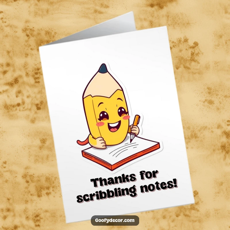 Funny Free Printable Thank You Card: A kawaii mischievous pencil character grins while scribbling a thank you note.