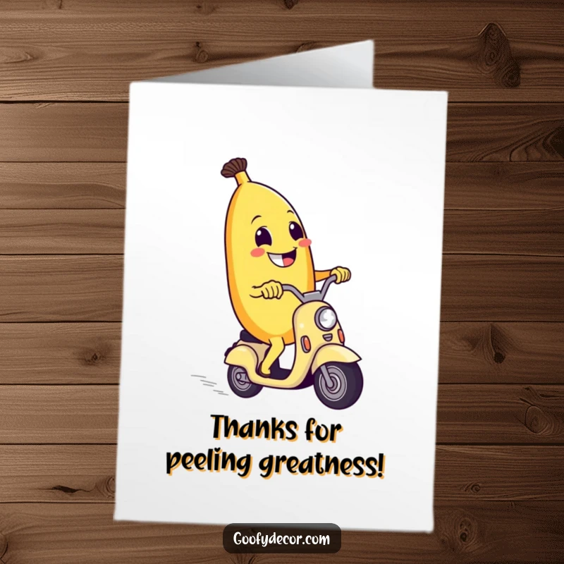 Funny free printable thank you card with a grinning banana character zipping along on a tiny scooter, expressing thanks.