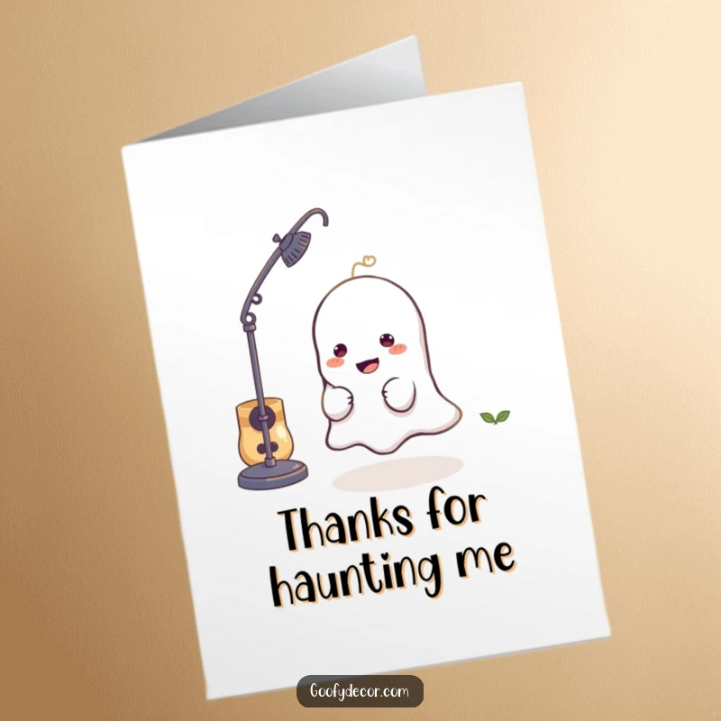 Funny Free Printable Thank You Card with a mischievous ghost character hiding behind a lamp, offering thanks with a grin.