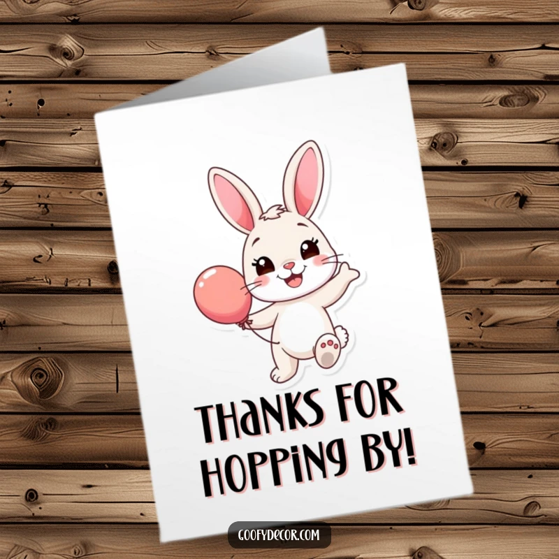 Funny Free Printable Thank You Card: A smiling bunny bounces a colorful balloon, sending thanks with a cheerful bounce.