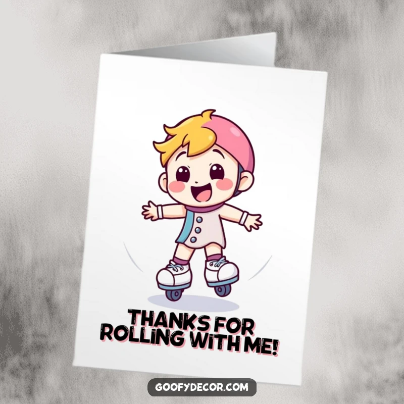 Funny free printable thank you card: Happy roller skate character spinning with a wide smile, conveying thanks.