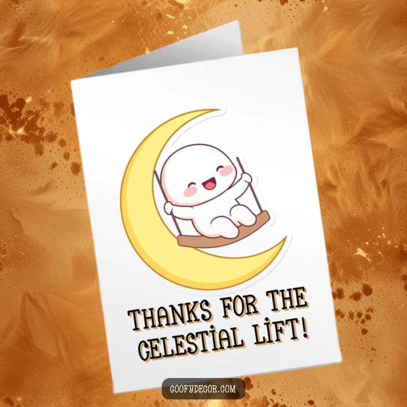 Funny free printable thank you card with a laughing moon character joyfully swinging on a crescent moon amidst twinkling stars.