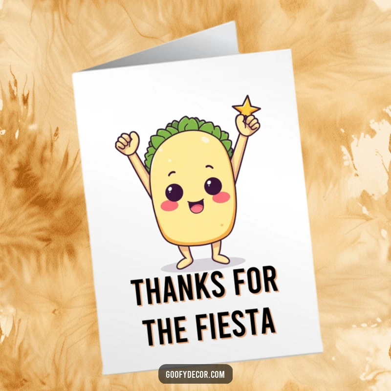 Funny Free Printable Thank You Card: Triumphant taco character striking a victorious pose. A bold, downloadable thank you.