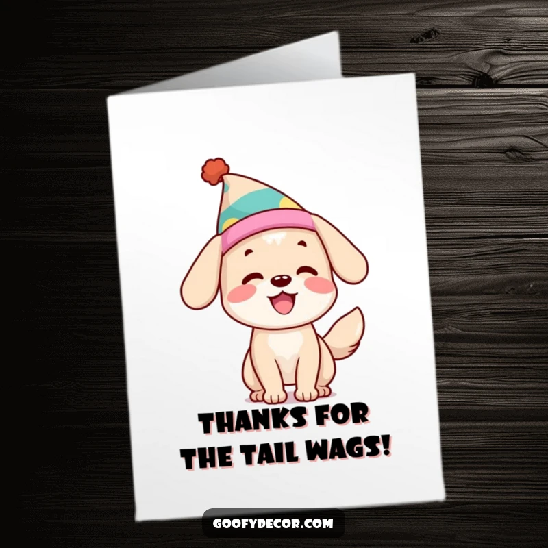 Funny Free Printable Thank You Card: A happy dog wearing a silly hat wags its tail, sending heartfelt thanks.