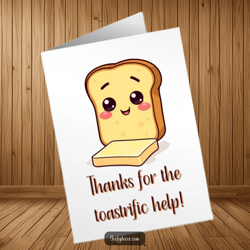 Funny free printable thank you card depicting a cheerful toast character comically sliding on a pat of butter, expressing thanks.