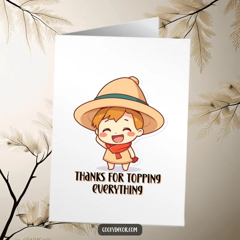 Funny Free Printable Thank You Card: grinning character in an oversized hat, conveying thanks with infectious, silly joy.