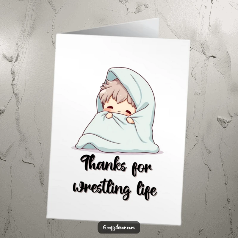 Funny Free Printable Thank You Card depicts a playful character lost in the folds of a massive blanket.