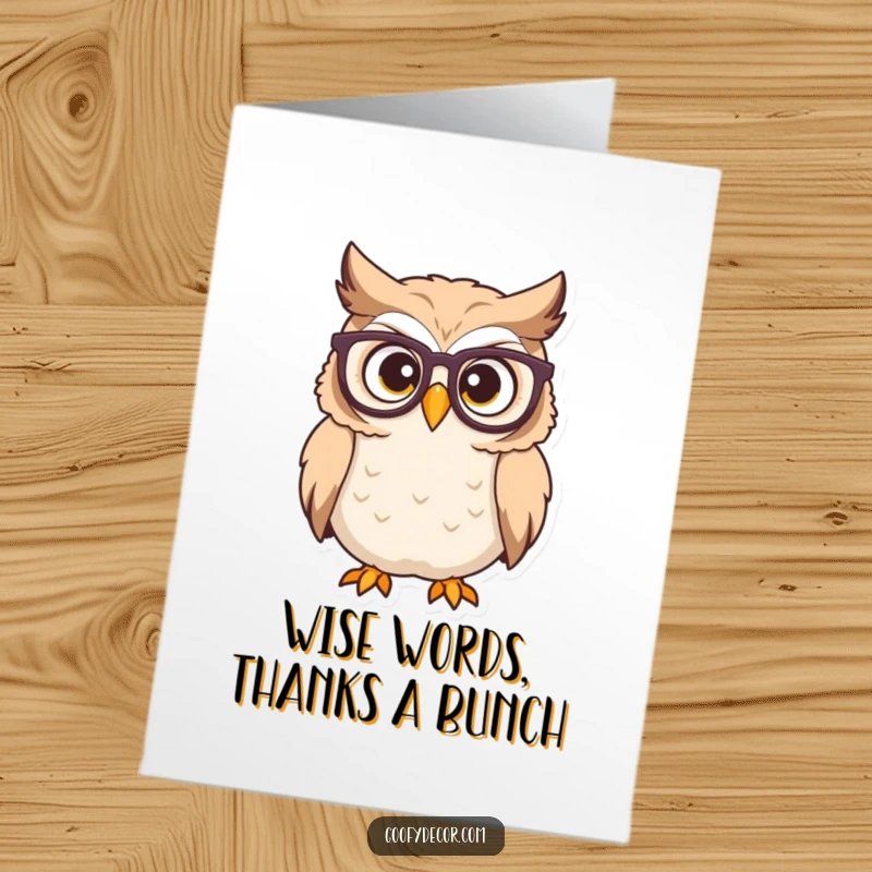 Funny free printable thank you card of a surprised owl wearing glasses, conveying thanks with a hint of playful astonishment.