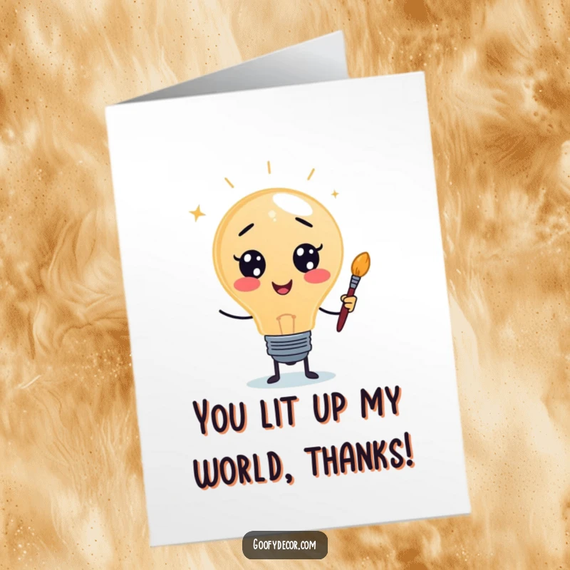 Funny free printable thank you card: Whimsical lightbulb character holding a paintbrush, conveying a bright, creative thank you.