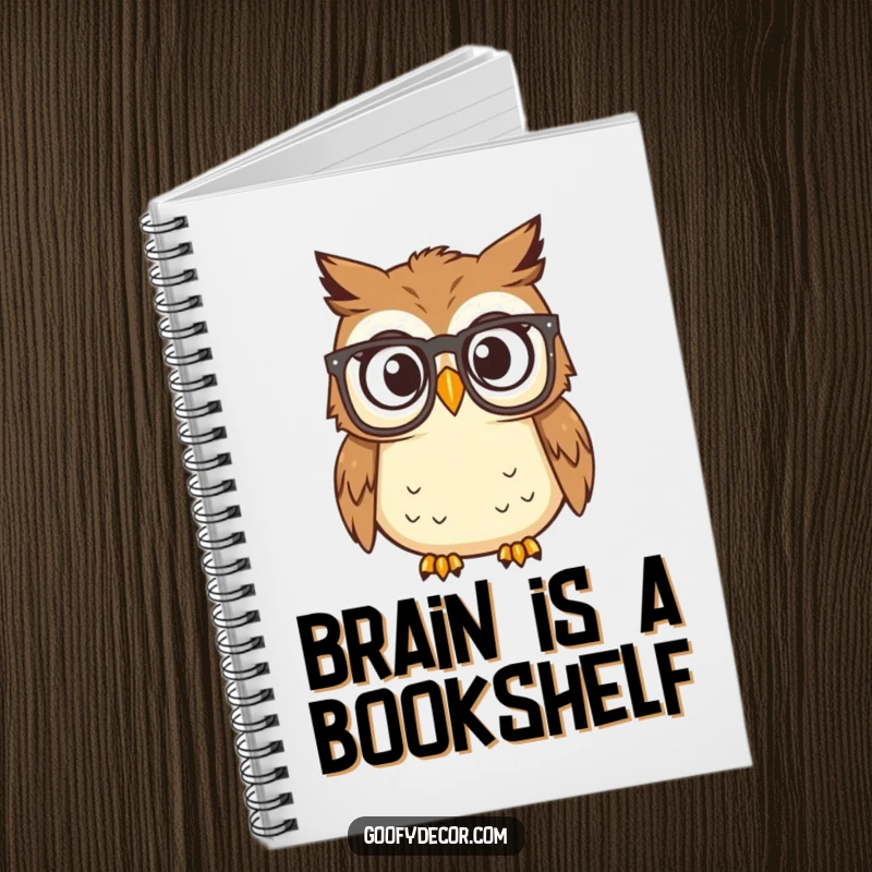 Funny owl in reading glasses looking surprised on a notebook cover, ideal for students and writers.