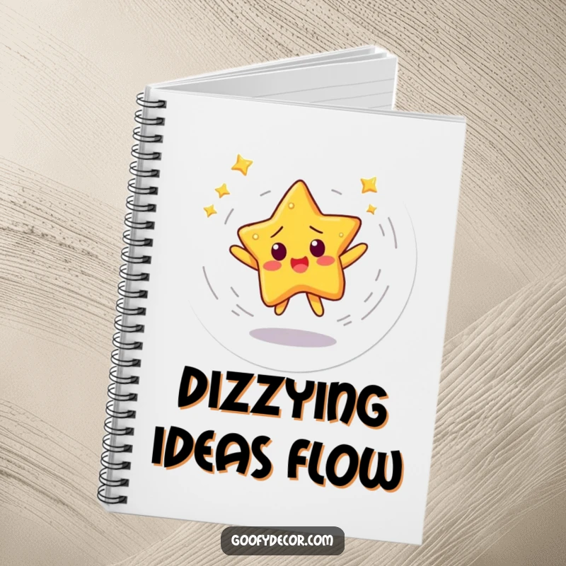 Funny notebook with a startled star character spinning in a dizzying dance, ideal for writing and notes.