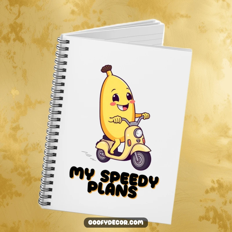 Funny notebook with a grinning banana character riding a scooter, perfect for jotting down notes with fruity humor.