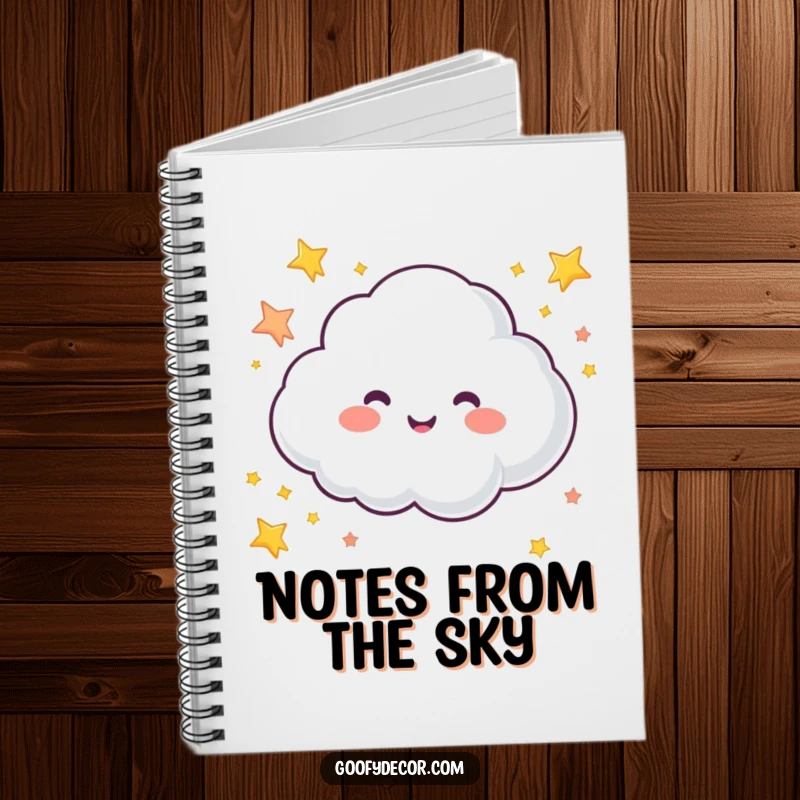 Funny notebook with a bubbly cloud character joyfully sprinkling colorful stars, ideal for capturing bright ideas and thoughts.