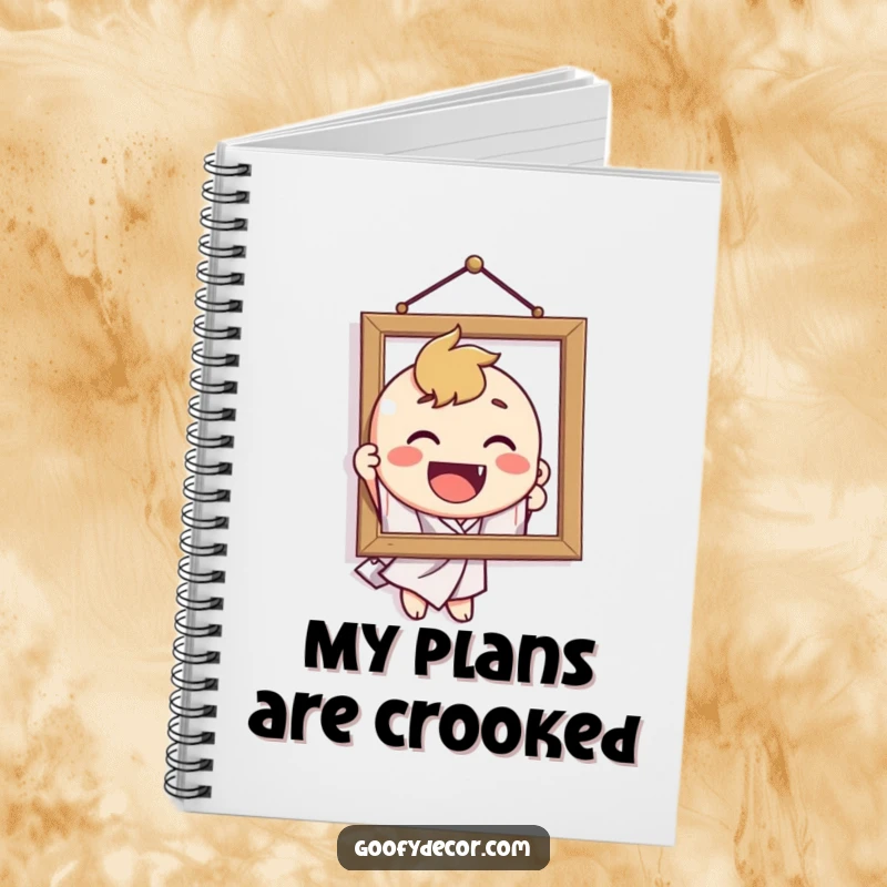 Funny notebook featuring a delighted character attempting to hang a crooked picture, a humorous tool for note-taking.