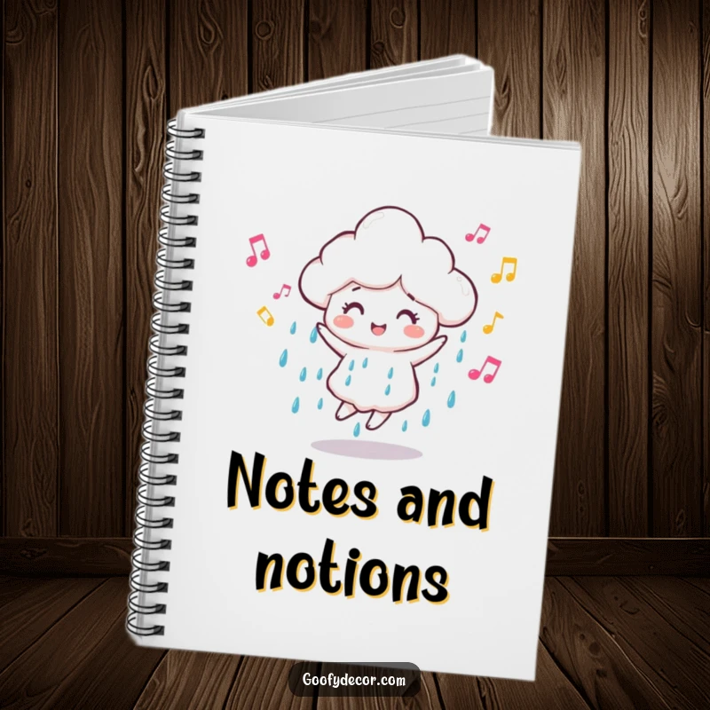Funny dancing rain cloud notebook featuring a happy cloud character with musical notes, ideal for note-taking, songwriting, or sketching with a musical theme.