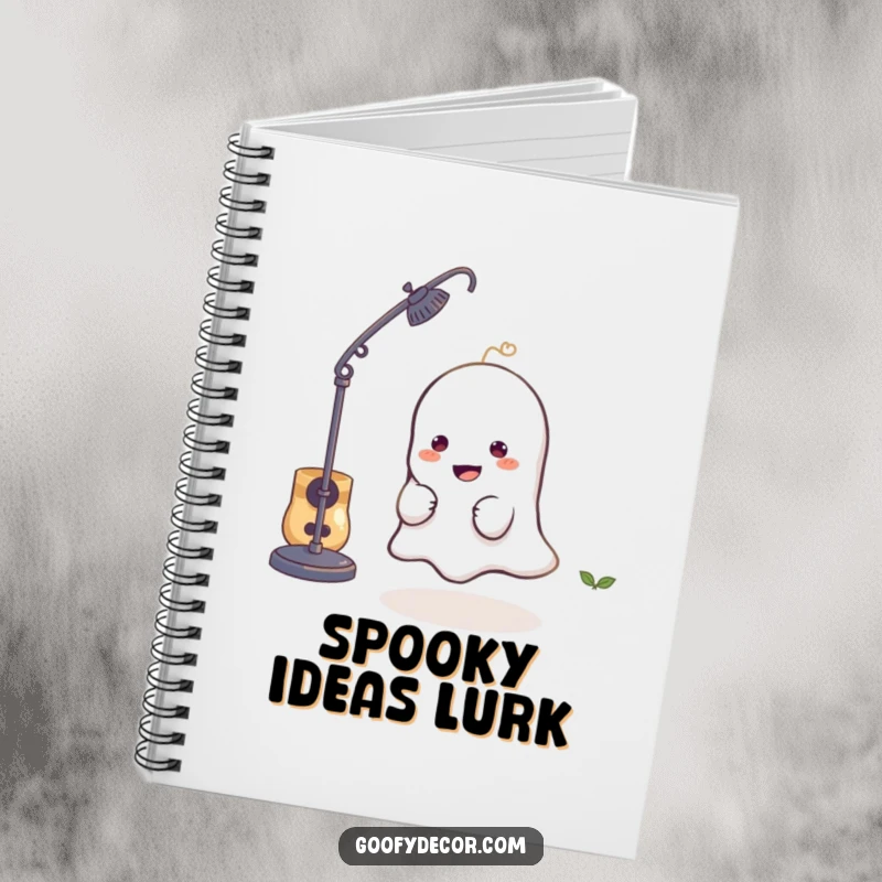 Funny notebook with a mischievous little ghost character playfully hiding behind a lamp, perfect for writing and journaling.