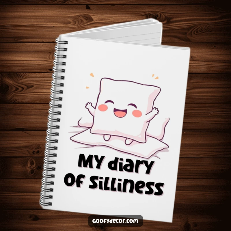 Funny notebook with a giggling pillow character bouncing, ideal for writing, journaling, and note-taking with a humorous twist.