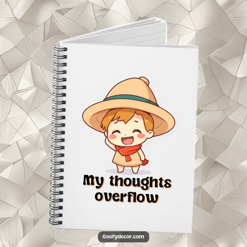 Funny grinning character notebook cover, humorously sporting an oversized hat, perfect for jotting down bold ideas.