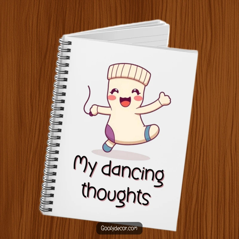 Funny kawaii happy sock character dancing with a dangling string, on a notebook cover, ready for fun notes.