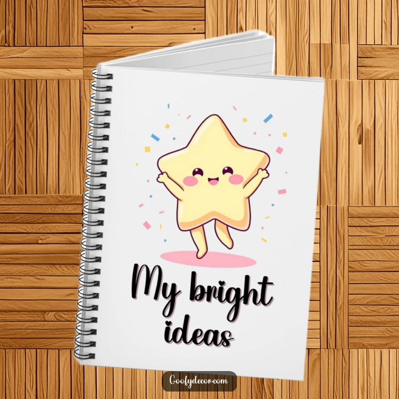 Funny notebook cover featuring a cheerful kawaii star dancing joyfully amidst confetti, inspiring bright and happy notes.