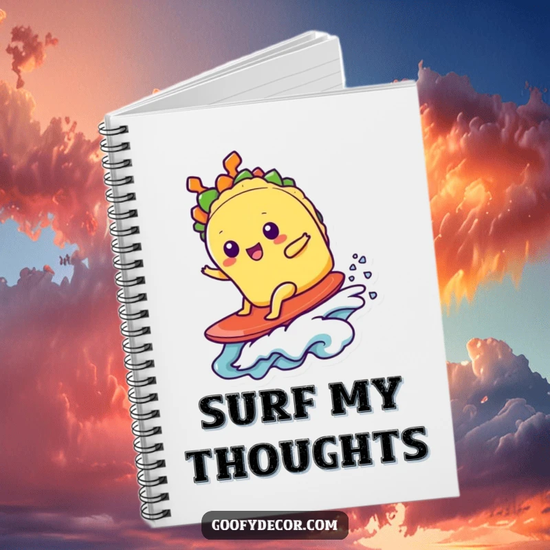 Funny kawaii taco character riding a surfboard on a wave, featured on the cover of a humorous notebook.
