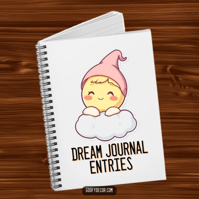 Funny notebook cover art of a happy moon character wearing a sleep cap, peeking from behind a cloud.