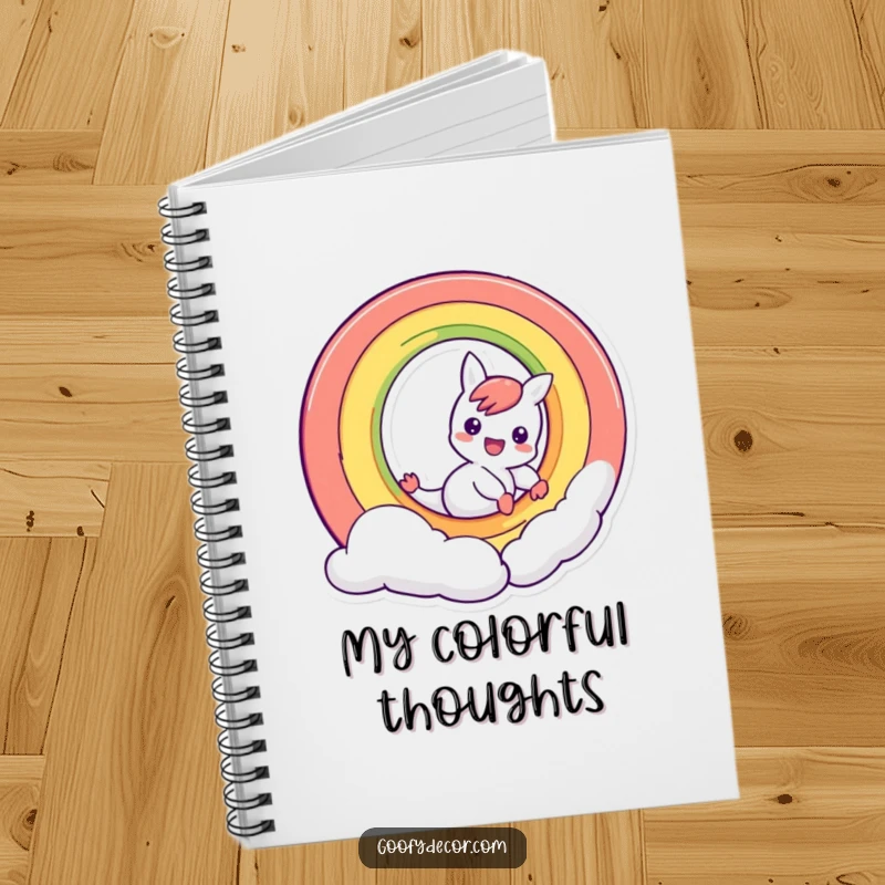 Funny mischievous rainbow character sliding down its own arc, a humorous and practical notebook for jotting bright ideas.