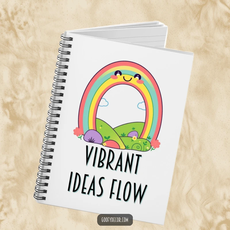 Funny playful rainbow notebook featuring a smiling rainbow over a landscape, ideal for note-taking, journaling, or sketching with a cheerful theme.