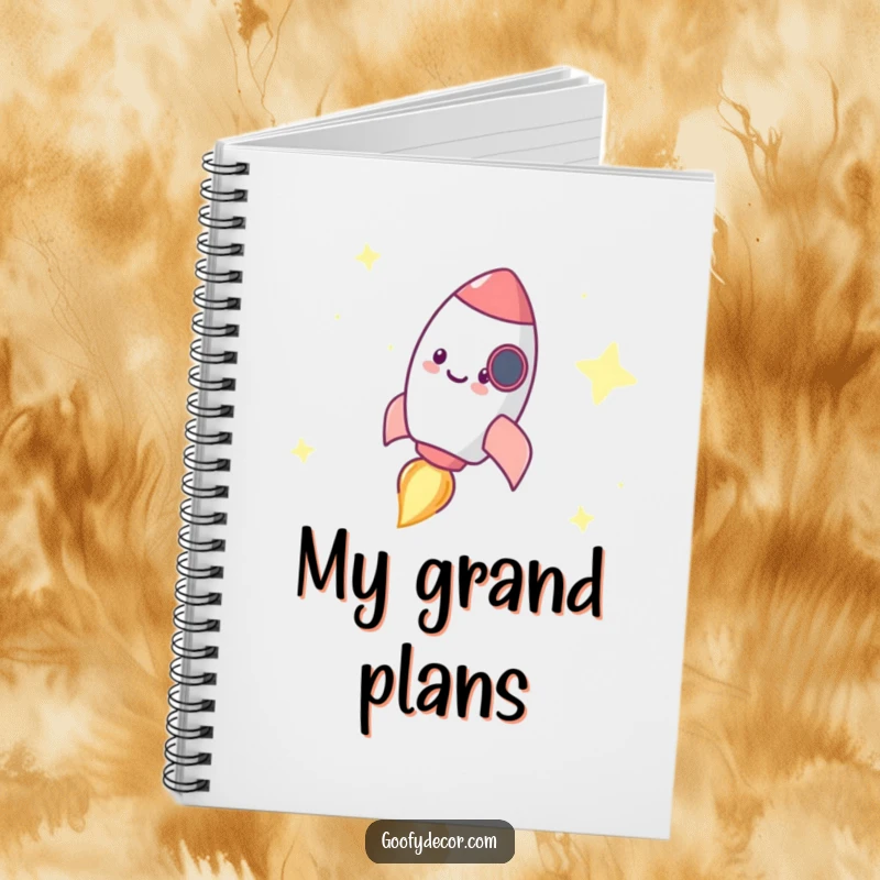 Funny notebook with a tiny, happy rocket character zooming through stars, perfect for jotting down innovative ideas.