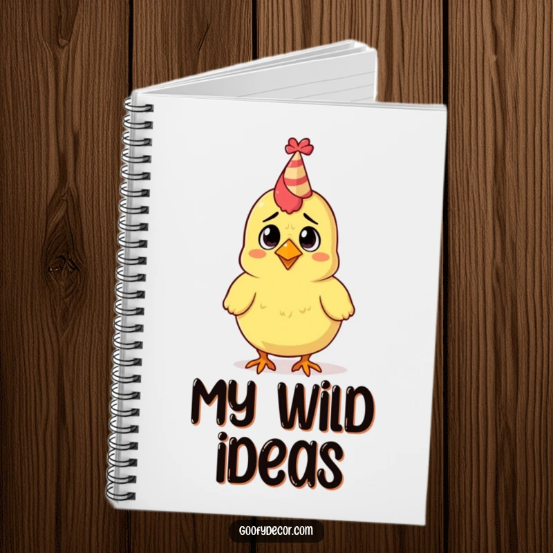 Funny notebook with a confused rubber chicken wearing a tiny party hat on the cover.