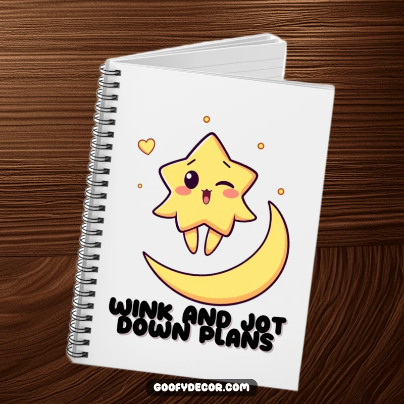 Funny notebook with a surprised star character winking while balancing on a crescent moon, ideal for jotting down celestial thoughts and ideas.