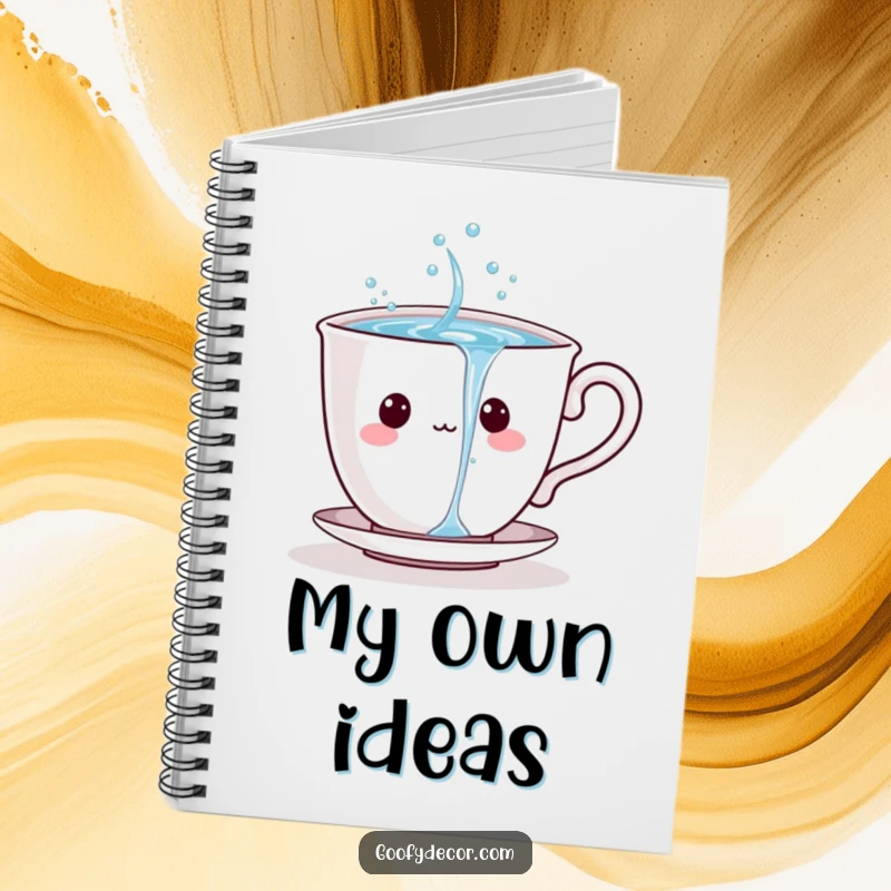 Playful teacup character pouring sparkling water on the cover of a notebook.
