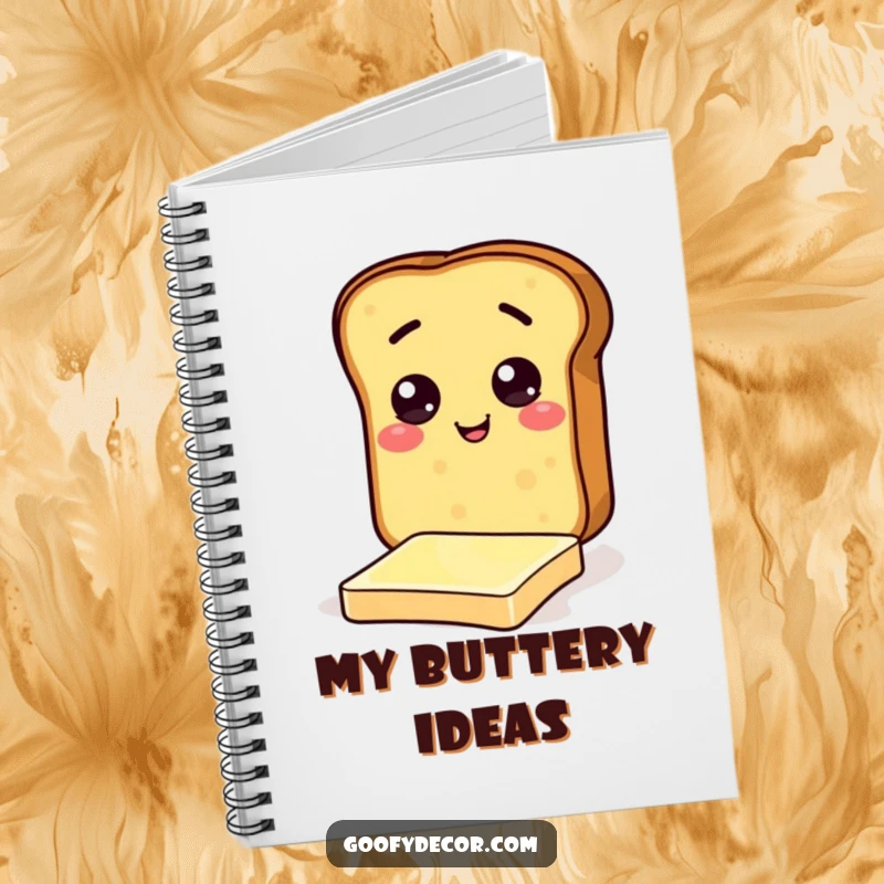 Funny notebook with a cheerful toast character sliding on butter, perfect for jotting down notes with breakfast humor.