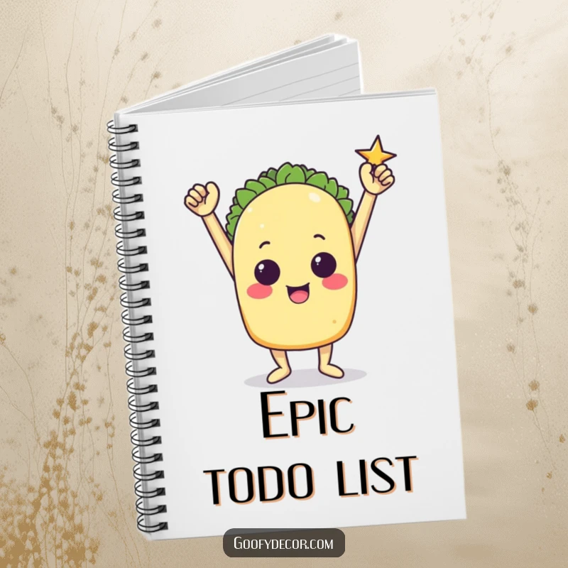 Funny notebook cover featuring a triumphant taco character striking a victory pose.
