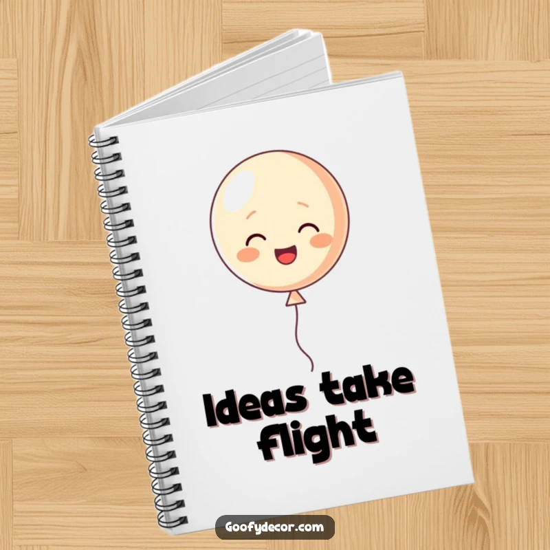 Funny notebook with a happy little balloon character cheerfully floating upwards, perfect for writing and dreaming.