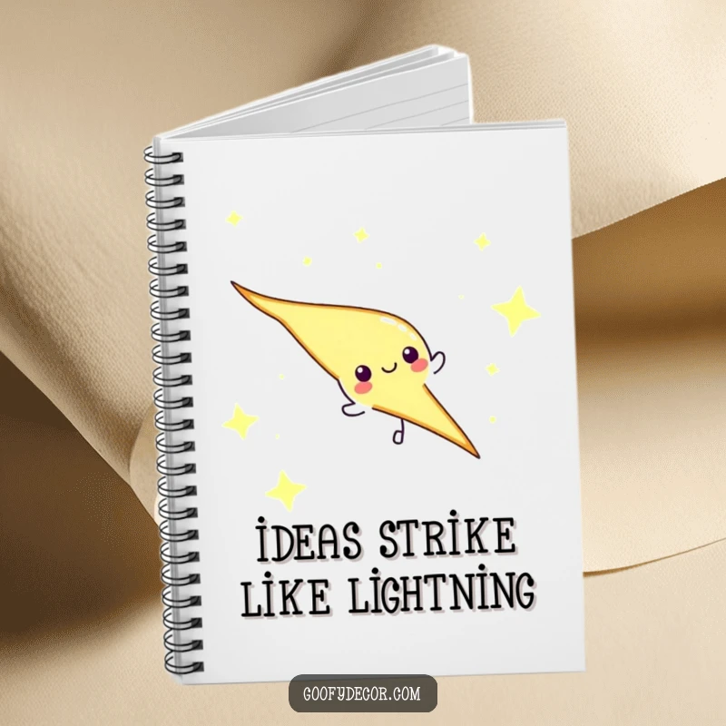 Funny lightning bolt character on a notebook cover, set against a starry sky, inspiring energetic note-taking.