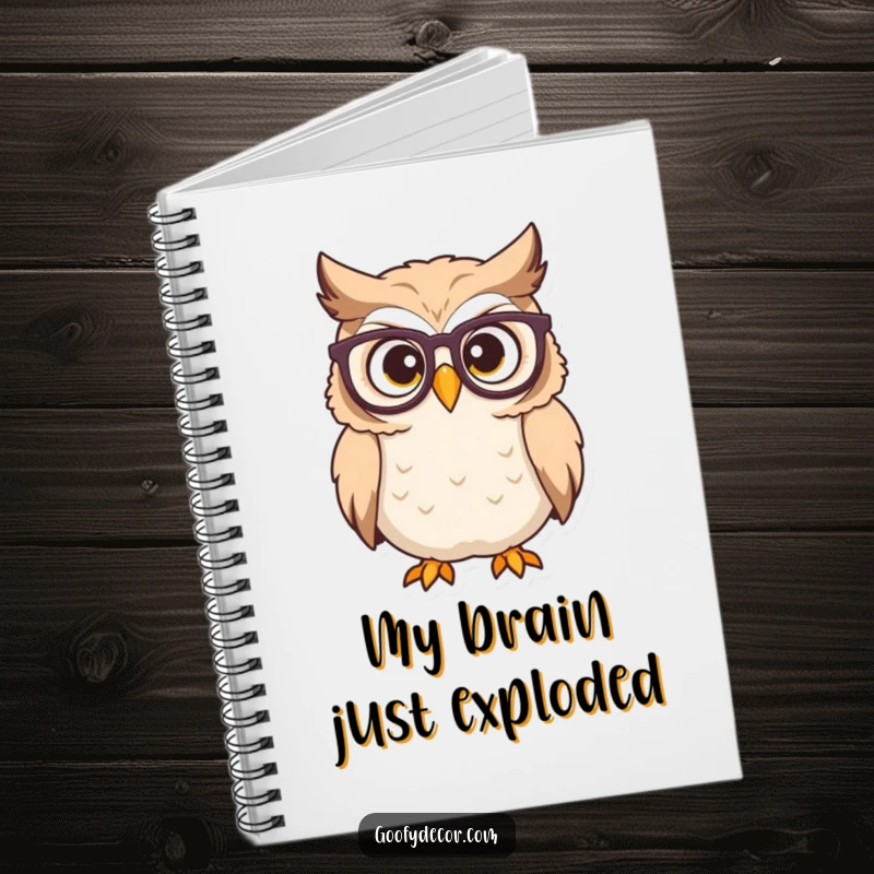 Funny owl notebook showing a determined character with glasses looking surprised, perfect for jotting down insights.