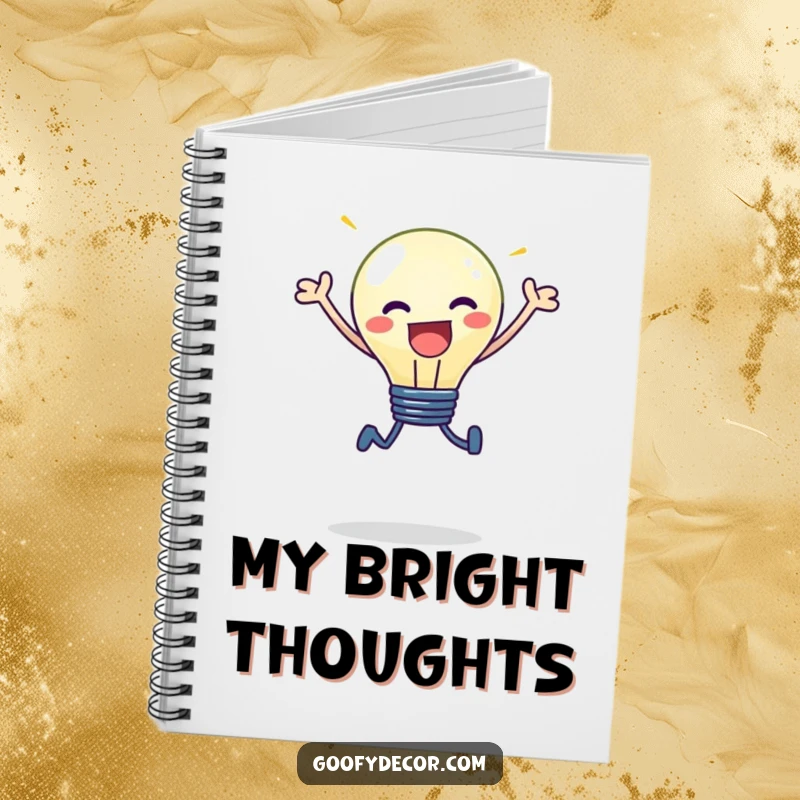 Funny kawaii lightbulb character with a shining light, mid-leap, on a notebook cover, ready for ideas.