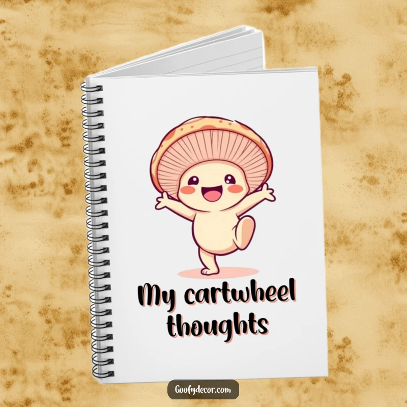 Funny notebook with a smiling mushroom character doing a cartwheel, perfect for jotting down ideas with playful energy.