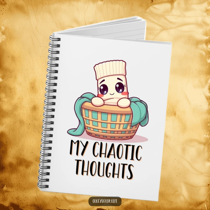 Funny sock character peeking out of a laundry basket on the cover of a notebook.