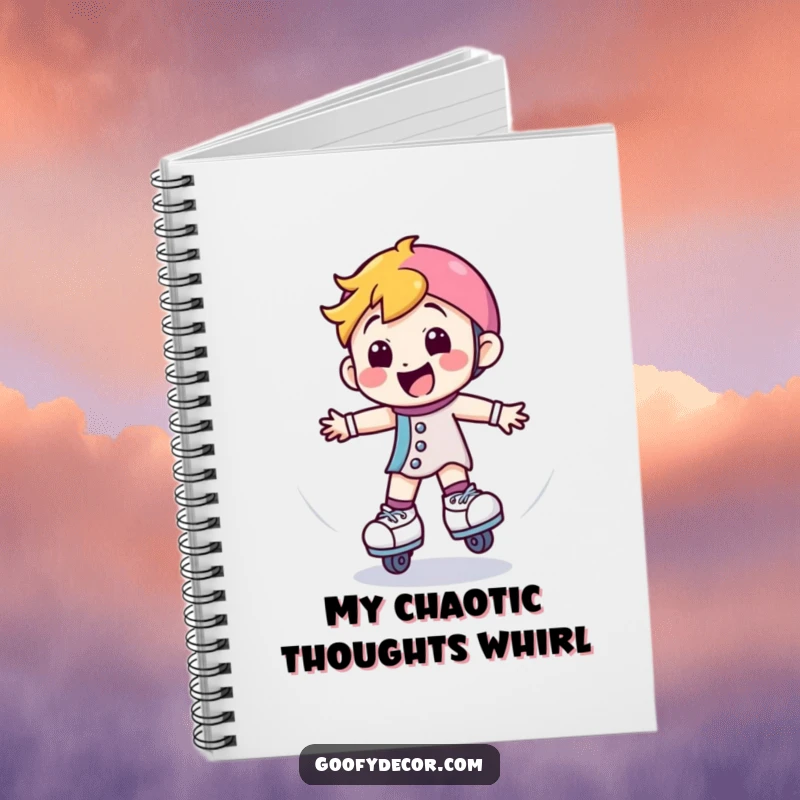 Funny notebook with a happy roller skate character spinning, ideal for writing, note-taking, and planning with a cheerful twist.