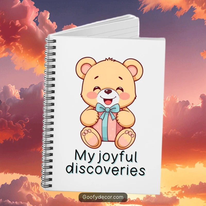 Funny cheerful teddy bear unwrapping a gift on a notebook cover, perfect for journaling happy thoughts and gift ideas.