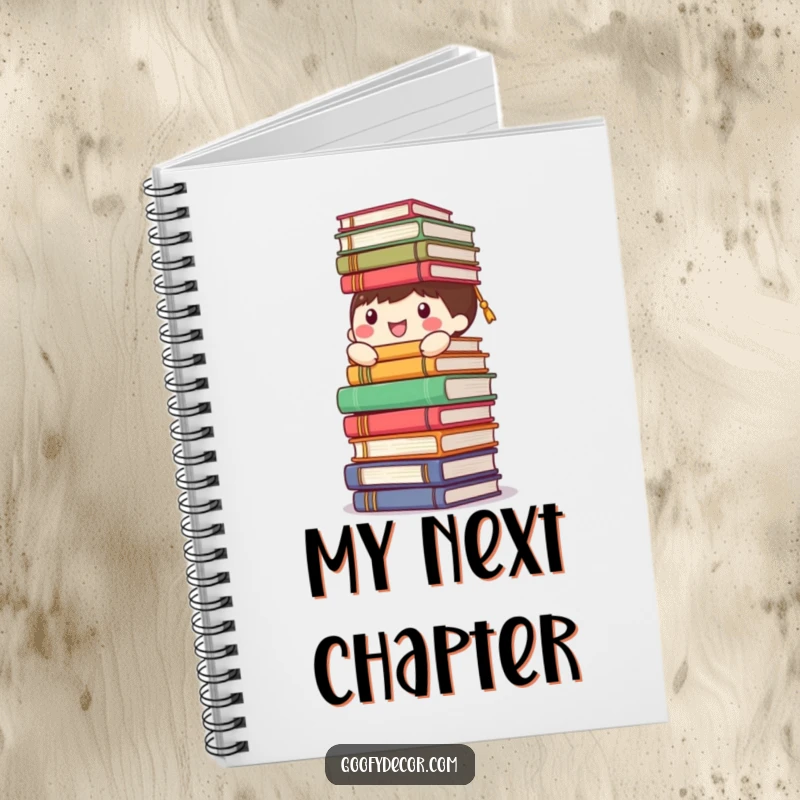 Funny happy character notebook cover, humorously balancing a tall stack of books, ideal for note-taking and reading lists.