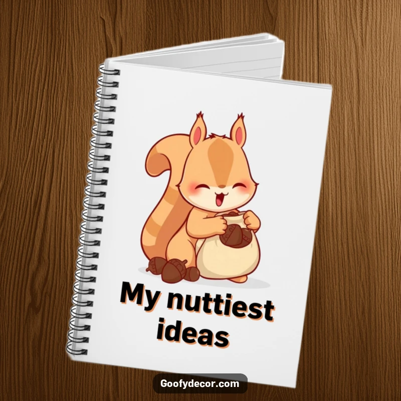 Funny Squirrel Notebook featuring a happy squirrel stuffing acorns into a tiny bag, ideal for jotting down notes with a humorous touch.